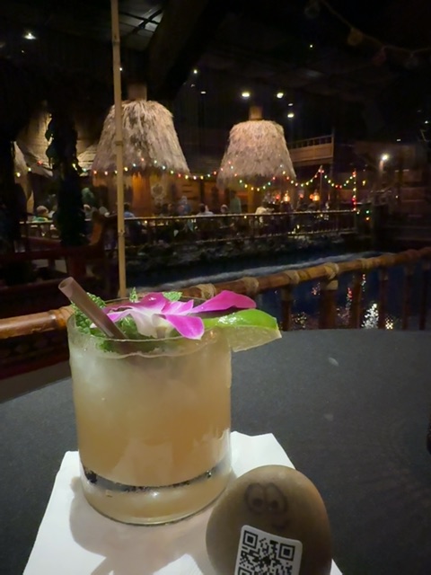 A beverage in a clear glass sits on a white coaster on a dark table in the foreground, garnished with a pink flower and green leaf. Behind the glass, a wooden railing runs horizontally across the image, with a waterway and reflective water visible beyond it. In the background across the water, two large cone-shaped structures with white draped fabric and decorative lighting are prominent, along with string lights and warm-toned overhead lighting creating a nighttime atmosphere. The scene appears to be an outdoor venue or entertainment area photographed at night, with the scale suggesting an open waterfront setting.