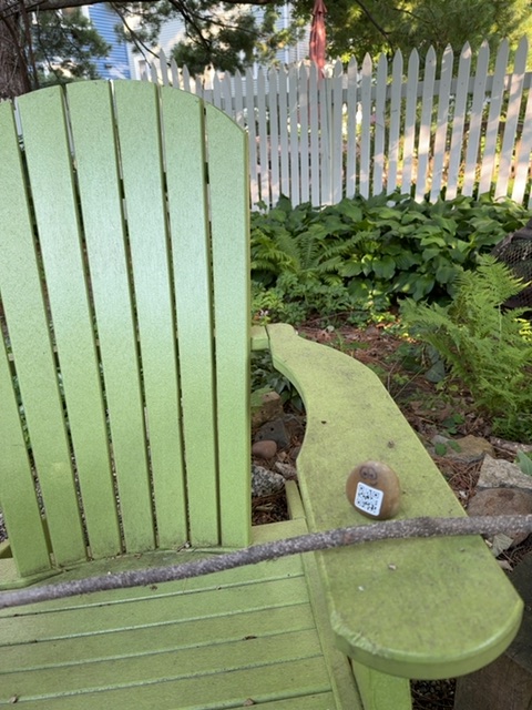 A small painted rock with a simple face design sits on the curved wooden armrest of a green Adirondack chair in a residential garden. The chair faces a lush garden bed filled with leafy plants and ferns, bordered by white picket fencing visible in the background under dappled afternoon sunlight. No people are present in the scene, which captures a quiet moment in a well-maintained backyard during daytime.