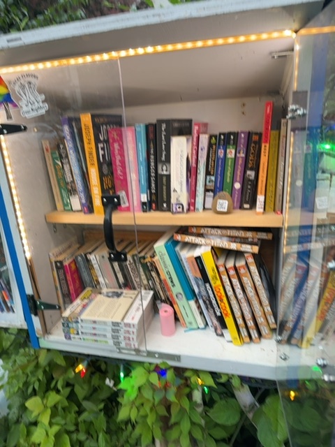 A small toy figure would be viewing a glass-fronted display cabinet filled with DVDs and media cases arranged on two wooden shelves, lit from above by warm yellow LED strip lighting. The cabinet sits outdoors in daylight with green foliage visible at the bottom of the frame, suggesting a community book or media exchange box. No people or toy figures are visible in the photograph itself.