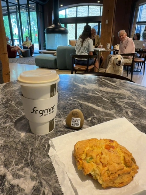A small painted rock with a QR code rests on a dark marble countertop in the foreground, positioned next to a white disposable cup and a pastry on white paper. The scene is set in a bright, modern café or restaurant with large windows showing daytime light, featuring a gray upholstered chair, wooden tables, and several people seated or standing in the background. The indoor space has contemporary furnishings and a dog is visible on the right side of the image.