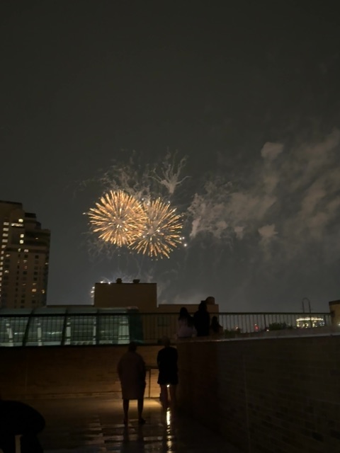 A small toy figure rests on a wet rooftop surface alongside several people who stand silhouetted against a dark night sky, watching golden fireworks burst overhead. The urban setting features illuminated buildings on either side and a metal railing, with the wet pavement suggesting recent rain. The scene captures the contrast between the cool darkness of the evening and the warm, bright explosions of light filling the sky above.
